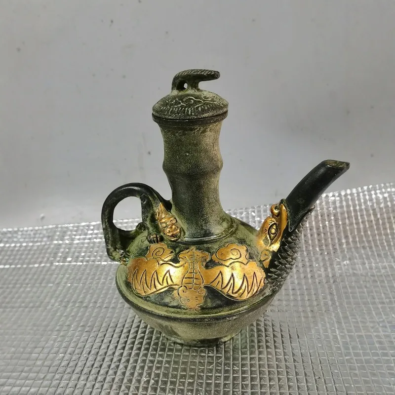 Gilt Relief "Five Blessings Arriving at the Door" Wine Flask Bronze Ornament Nostalgic Collectible Copper Teapot Water Ju