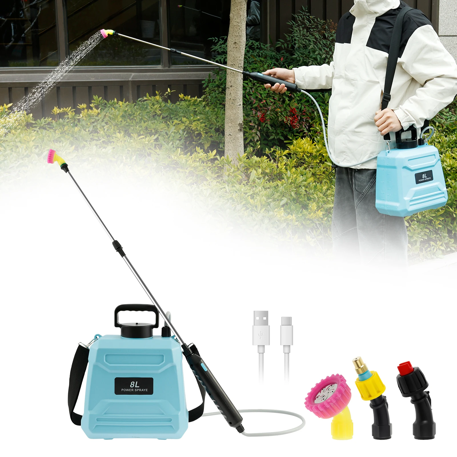 

8L Electric Powered Sprayer Garden Tank Watering Sprayer with Adjustable Strap Retractable Pole Watering Artifact for Cleaning