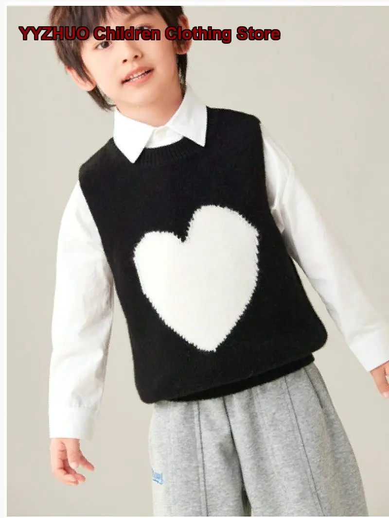 Boys Girls Vest Kids Autumn Winter Round Neck Embroidered Heart Pattern Sleeveless Three-Strand Knit