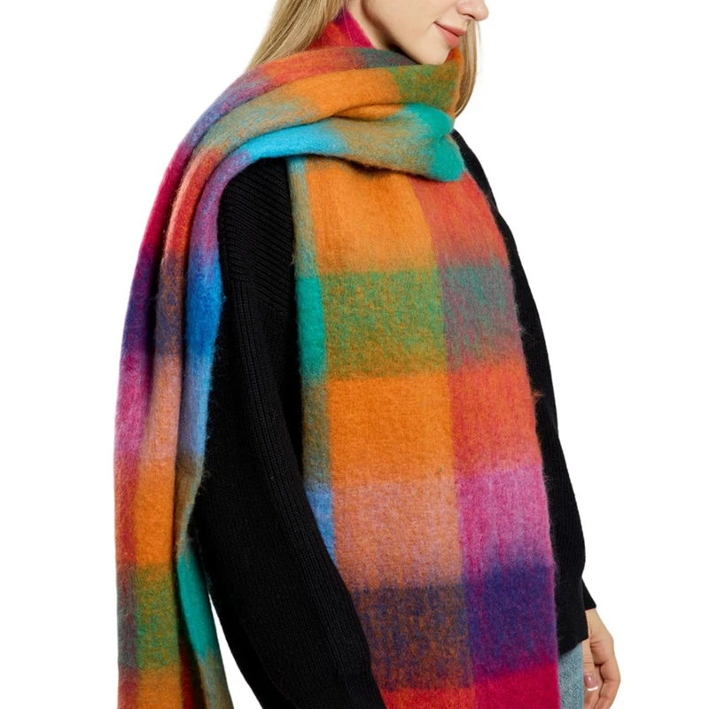 Bufanda a cuadros de colores para mujer, bufanda larga gruesa de Mohair, protección del cuello cálida a prueba de frío para invierno, informal y versátil