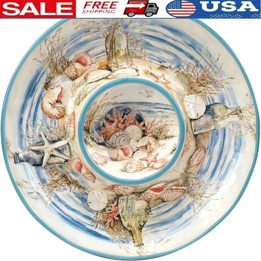 

Coastal Landscape Ceramic Chip Dip Platter 13.5 Inch Ocean Inspired Tableware Shorebirds Illustration Durable Microwave Safe