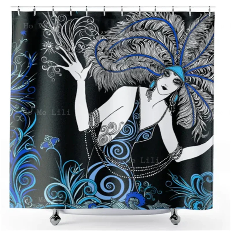 Retro Art Nouveau Aubrey Drawing Shower Curtain Blue Black Feather Tribe Woman Waterproof Urban Bathroom Decor With Hooks