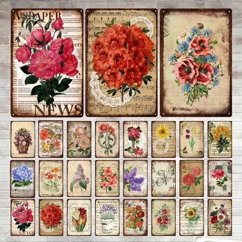 Vintage Flowers Metal Tin Signs Shabby Wall Stickers Home Garden Metal Posters Tin Plate Retro Sign for Family Farm Decor