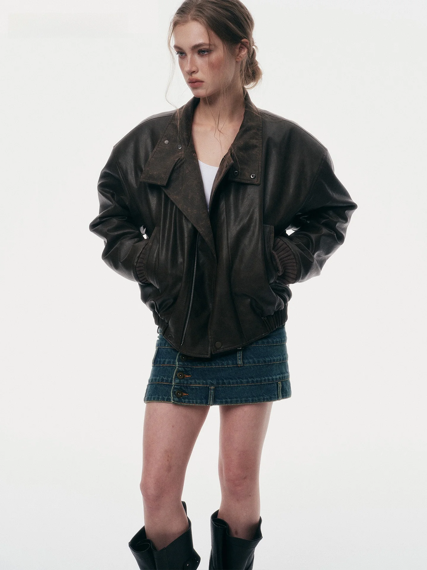 

JOURJOUR Новая весенняя куртка из искусственной кожи в мотоциклетном стиле с воротником-рубашкой, эластичной талией, приталенная, женская модная короткая куртка