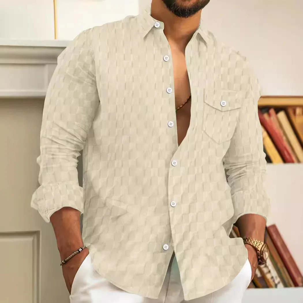 

New spring-autumn European men's checked jacquard lapel shirt, long sleeve with chest pocket, casual for business & daily wear