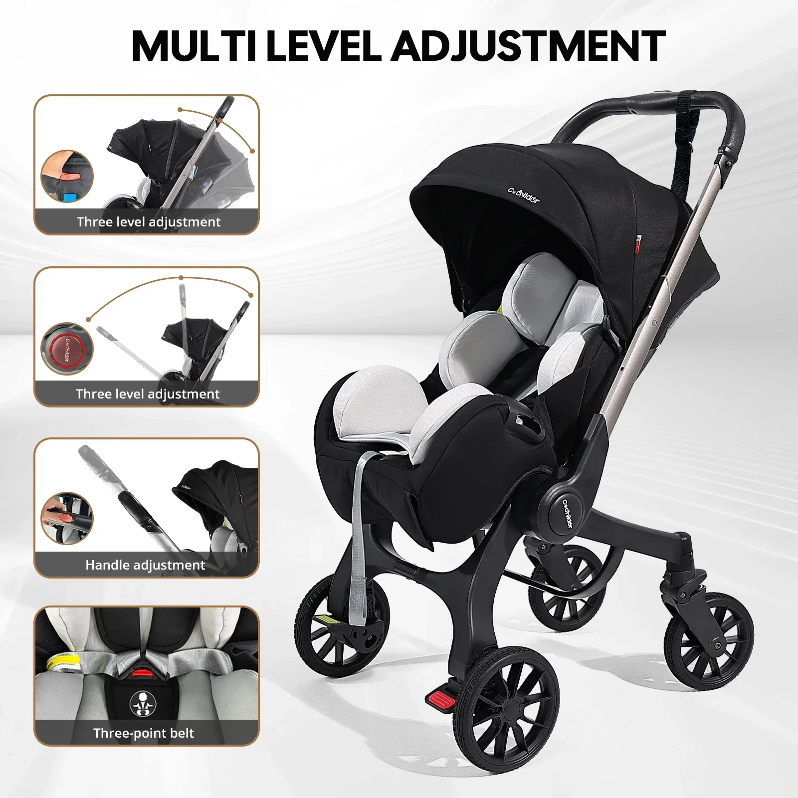 

Portable baby strolle, foldable travel cart, adjustable handle for two-way push, adjustable backrest, with sunshade