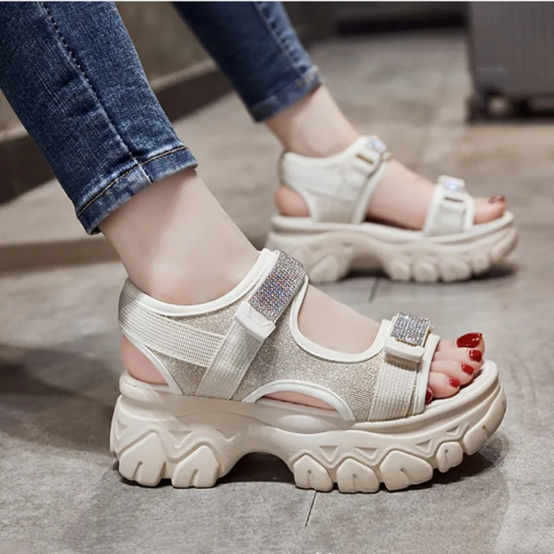 Pu Leather 5cm Platform Sandals Wedge Heel for Women Summer Shoes Casual Hook Loop Slides Beach Shoes Slippers Chunky Shoes 2024