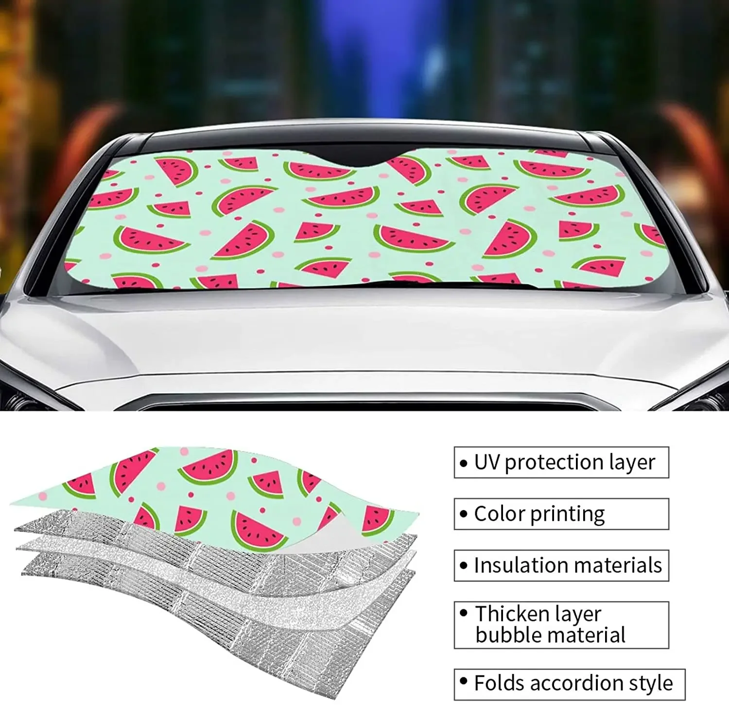 Parasol plegable para parabrisas de coche, parasol de sandía de verano con acuarela, mantiene tu vehículo fresco y bloquea los rayos UV, protector de visera