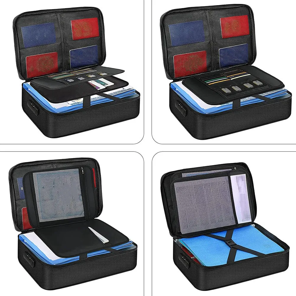2X Organizer Bag Fireproof Document Bag With Lock Portable Filing Storage Box Holder For Document File Passport