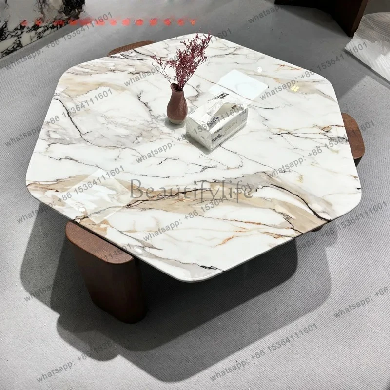 

Medieval hexagonal marble special-shaped coffee table living room sofa household solid wood