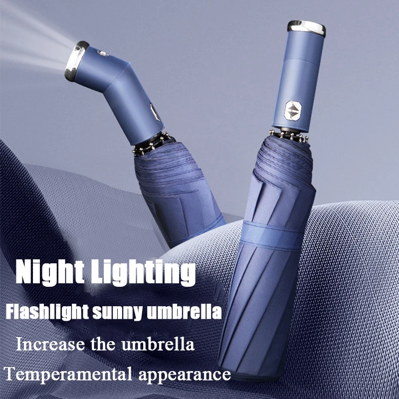 High-grade 10 Bones Durable Creative Automatic Bag Flashlight LED Umbrella Business Umbrella Rainy Sunshade Three Fold Umbrella