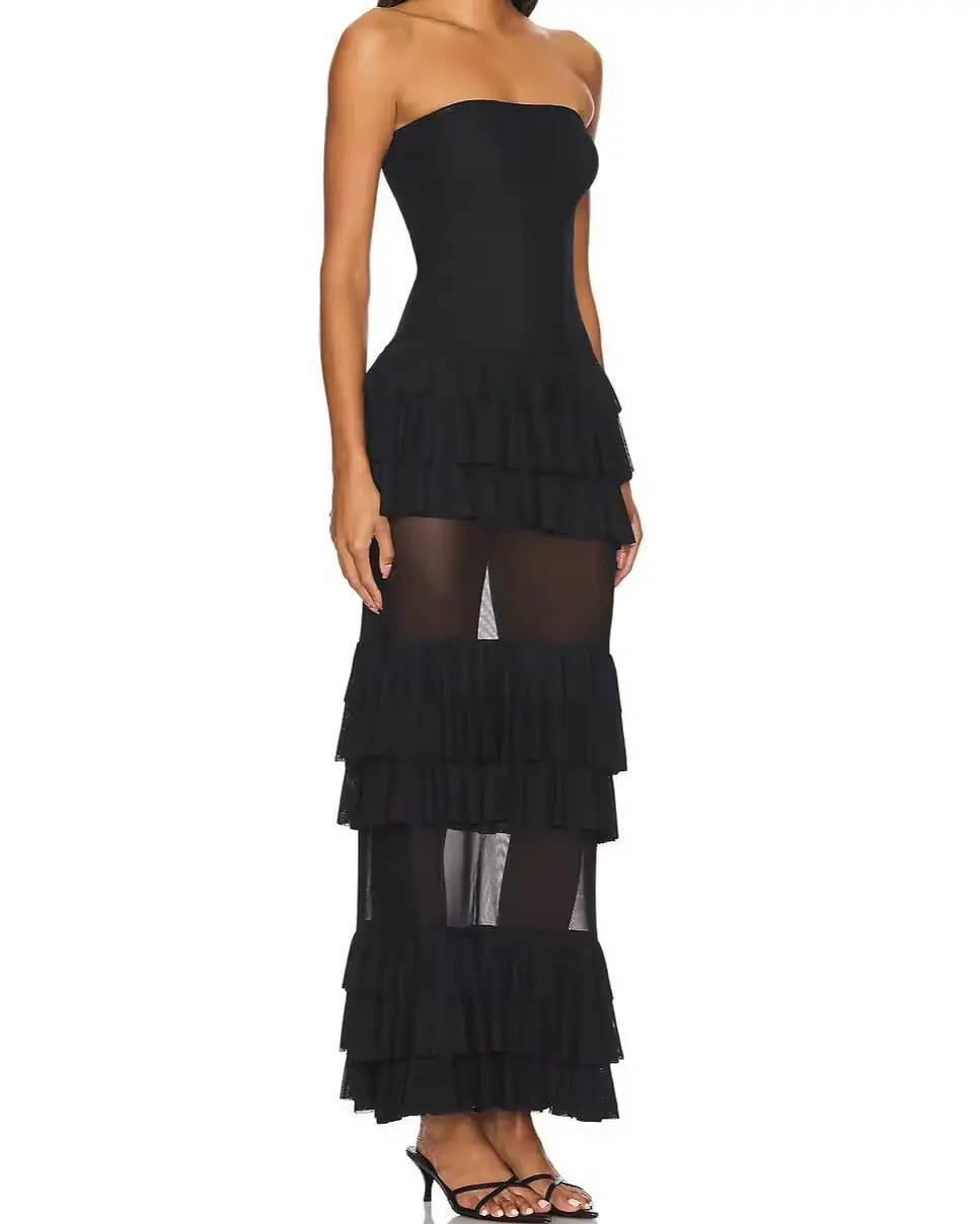 Customized Sexy Chiffon Straight Ruffles Tiered Evening Dress New fashion Sleeveless Strapless Ankle Length Celebrity Gowns