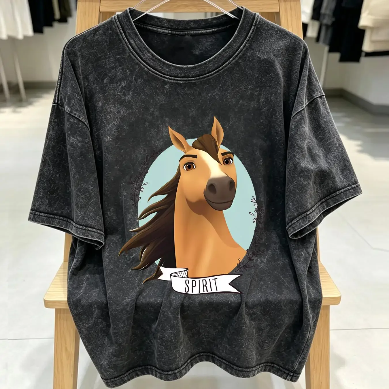 washed T Shirt Spirit Wild Horse Kids' long or short sleeves vintage Washed Casual streetwear Top For Everyday Wear