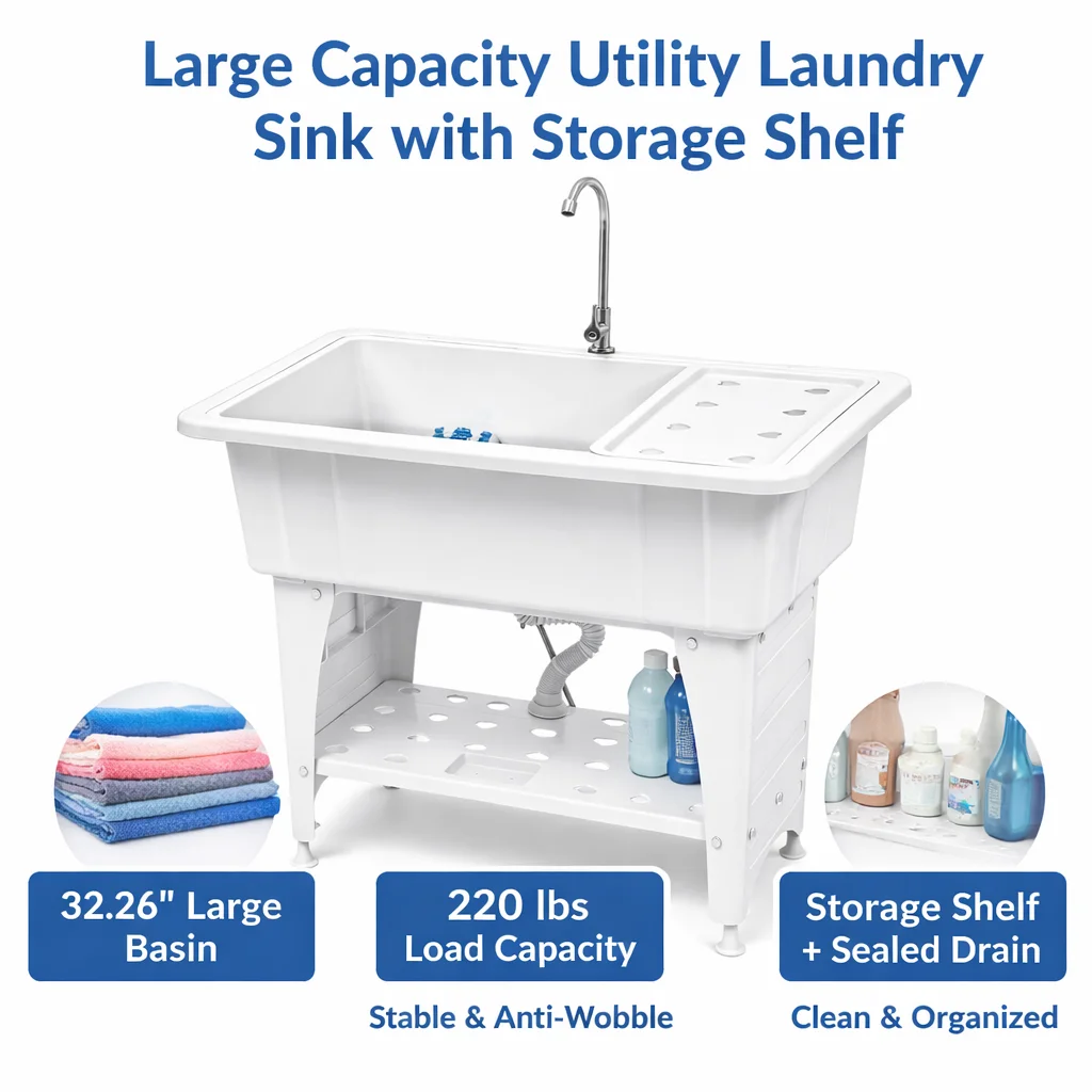 

Отдельностоящая раковина для прачечной с краном, вместительная хозяйственная мойка с полкой для хранения, нагрузка до 100 кг, из полипропилена и нержавеющей стали