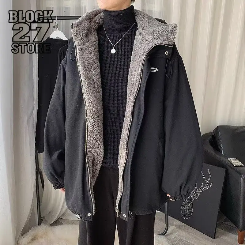 

Mens Jacket Harajuku Winter Fleece Thickened Cotton Coat Lamb Wool Lined Hooded Puffer Loose Fit Streetwear Casual Warm Fashion