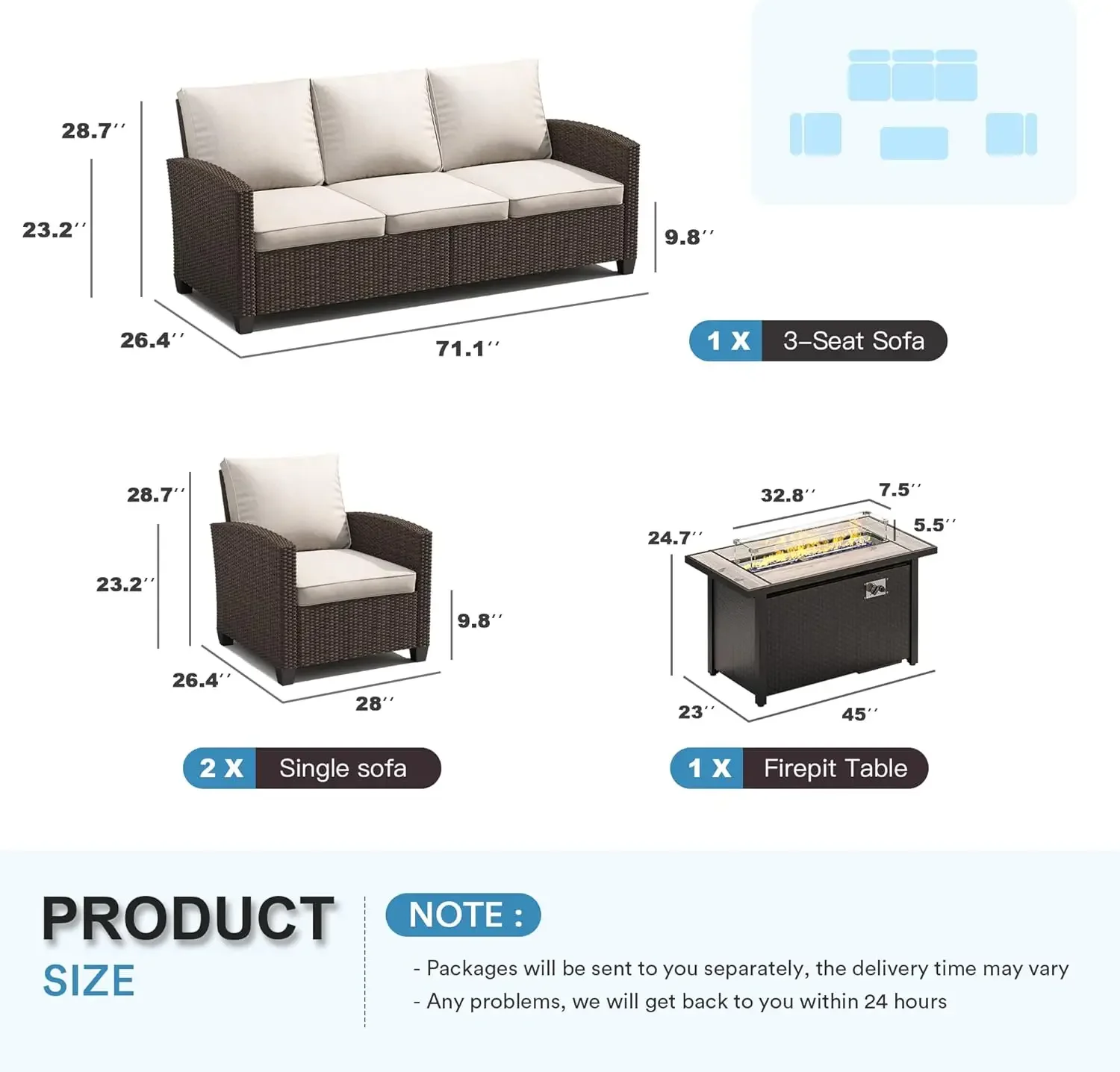 4 Pieces Patio Furniture Set, Rattan Cushioned Outdoor Conversation Set with Wicker 3-Seat Sofa Couch, Marble Fire Pit Table and