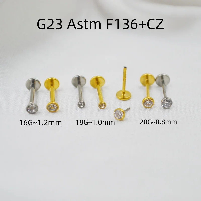 50pcs Body Jewelry  G23 Titanium ASTM  F136 5A CZ Lip Labret Bar Ear Helix Tragus Rook Barbells Stud Piercing Jewelry Push In