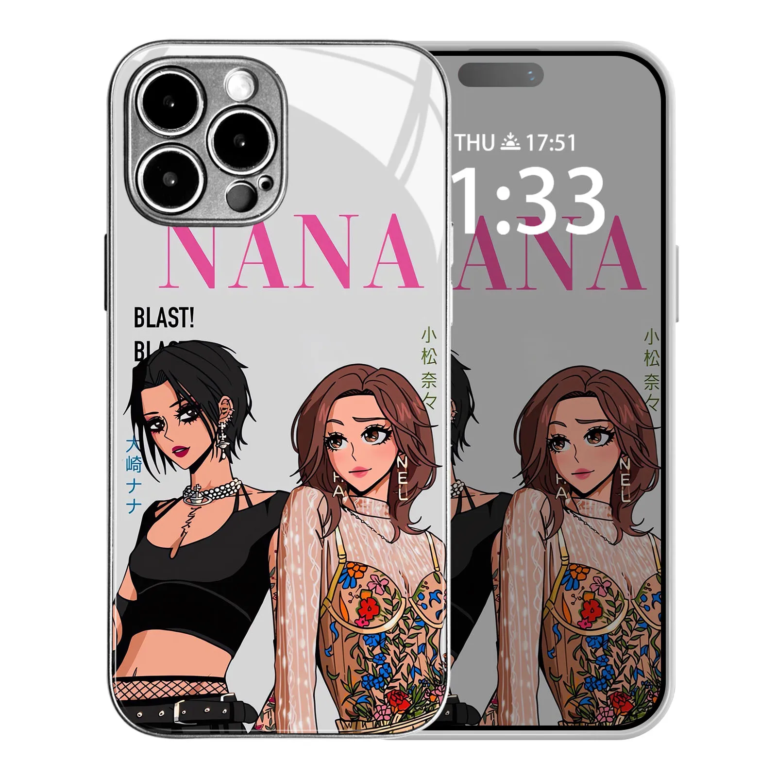 Anime Nana osaki and Komatsu TPU Tempered Glass Silver Phone Case for IPhone 15 Plus, Xr, X, Xs, 12, 13 Mini, 11, 14, 15 Pro Max