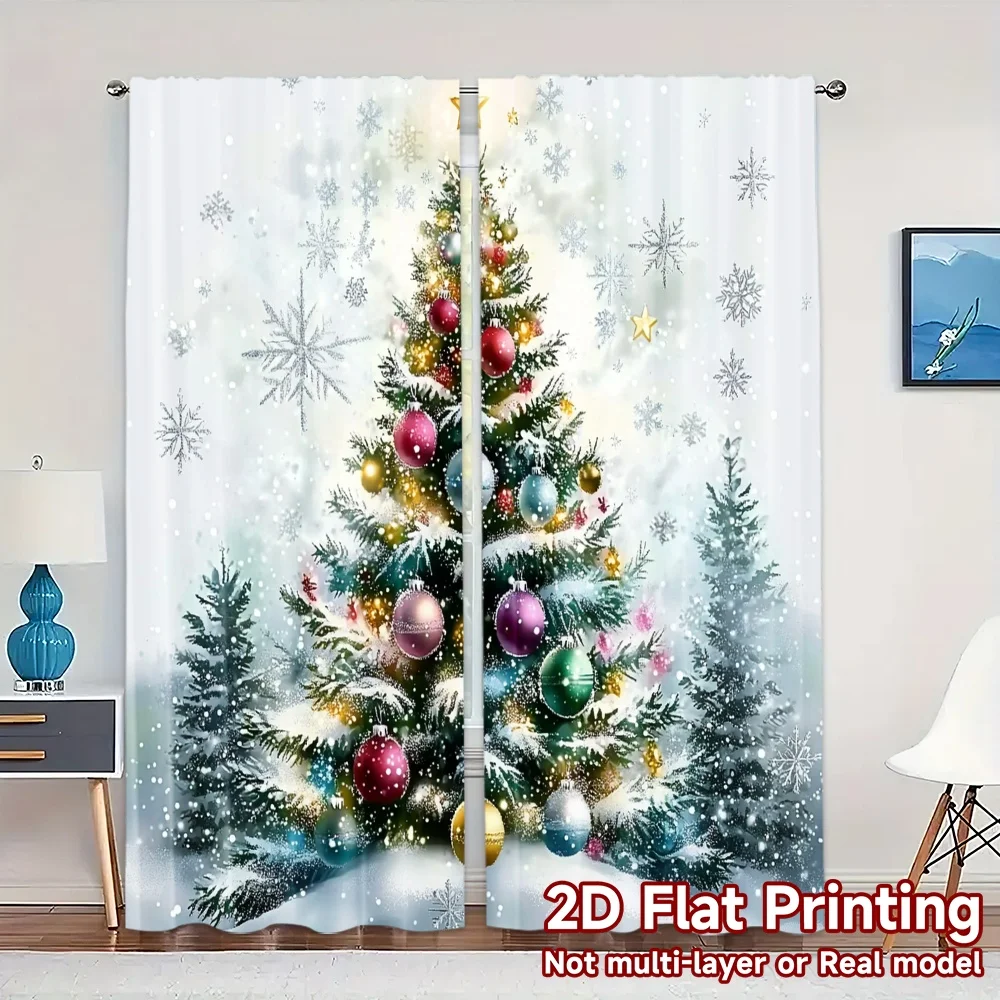 2pcs,Curtains Christmas Tree Snowfall Festive (2) Chic Curtains Digital Printed Prints Light Filtering Curtains Decorations