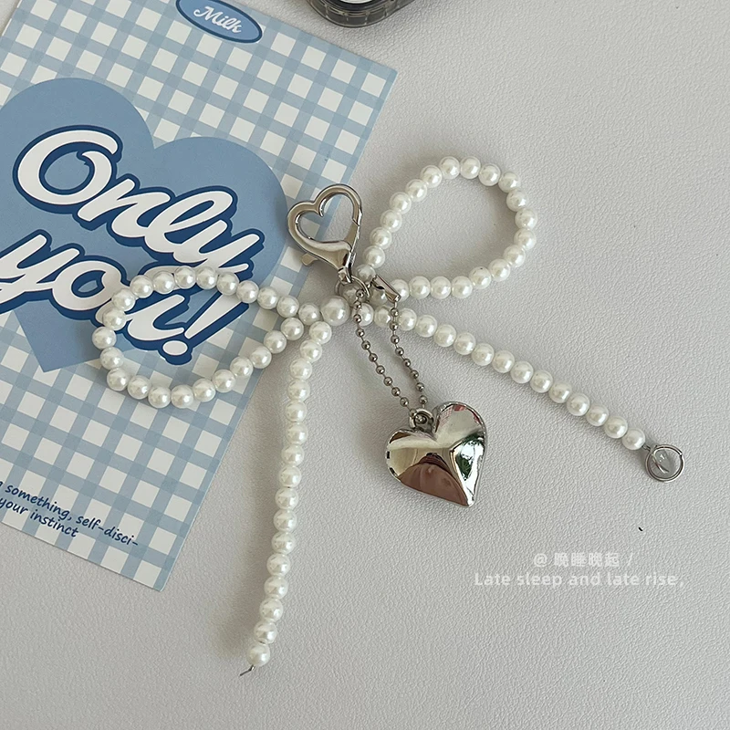 

Korean Cute Bow Pearl Phone Pendant Chain Heart Charm Strap Phone Accessories Camera Bag Key Chain Jewelry Gift Decoration