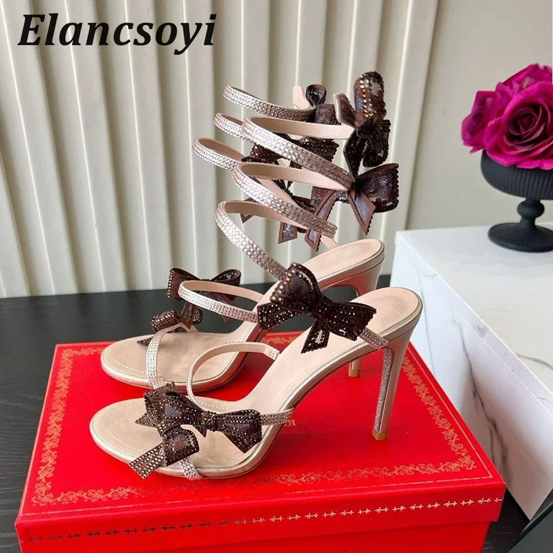 High Heels Gladiator Sandals Women Bling Crystal Bow-knot Ankle Snake Shaped Winding Party Shoes Summer Sexy Stiletto Sandalias