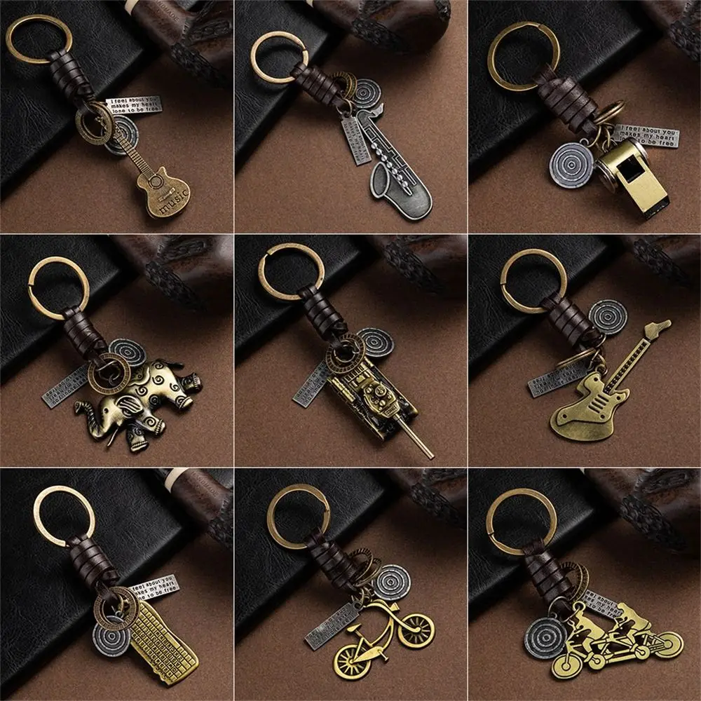 Elephant Vintage Brown Keychain Hat Bicycle Skateboard Music Guitar Keychain Leather Metal Retro Key Ring Lovers Couple