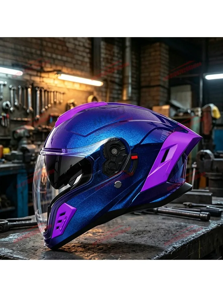 Nowy motocyklowy kask z podwójnymi szybami, otwarty na twarz, męski i damski, całoroczny, z dużym tylnym skrzydłem, kask motocyklowy integralny. — 2