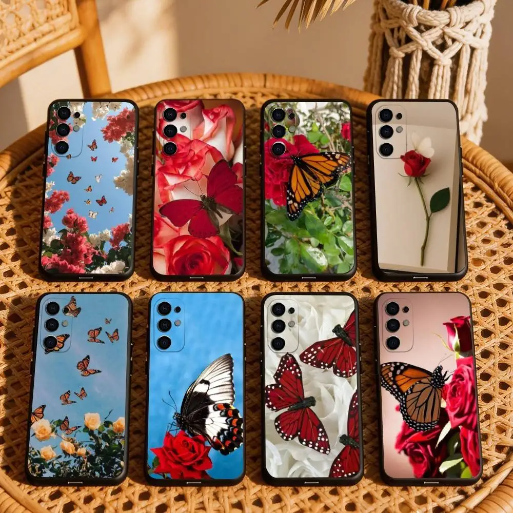 Beautiful R-Rose B-Butterfly  Phone Case Black Silicone Soft For Samsung S25,S24,S21,S22,S23,S30,Ultra,S20,Plus,Fe,Lite