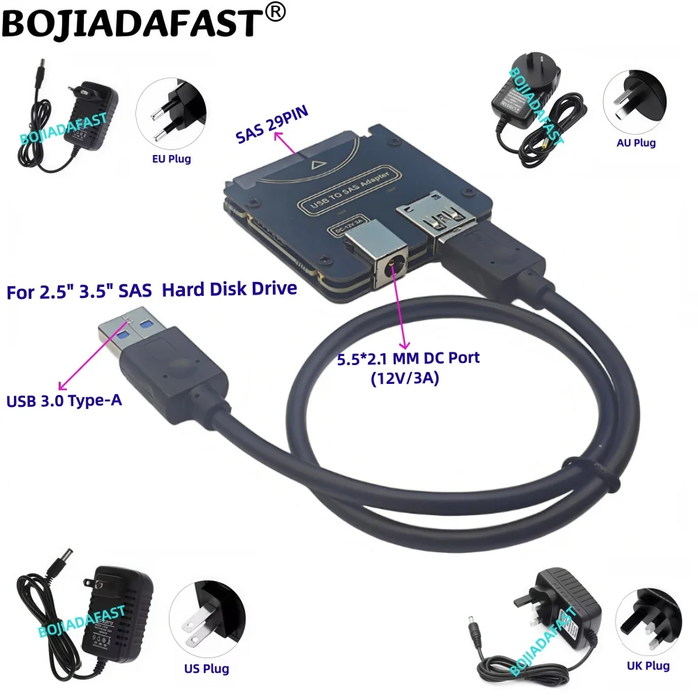 USB 3.0 Type-A to SFF-8482 SAS 29Pin HDD Adapter Card With 12V/3A DC Power Supply Adapter For 2.5" 3.5" Hard Disk Drive