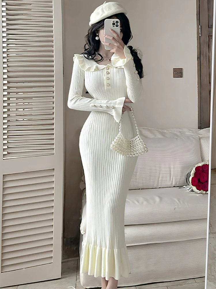 2025 rot Gestrickte Patchwork Weiße Puppe Kragen Langes Kleid Frauen Elegante Rüschen Prom Kleider Herbst Winter Koreanische Bodycon Pullover