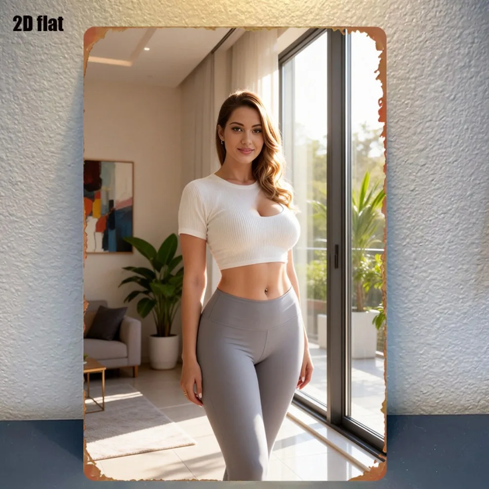 Retro Home Fitness Woman in White Crop Top Metal Tin Sign, Vintage Aluminum Wall Art Decor, High Definition Durable Iron Plate f