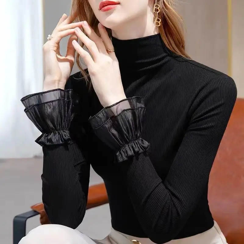 Elegant Turtleneck Spliced Ruffles Flare Sleeve Blouse Women's Clothing 2023 Autumn New Oversized Casual Tops Office Lady Shirt