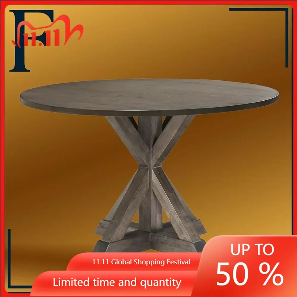 

Table for Kitchen Table With Chairs 46.5” Wide Circular Tabletop Wooden Trestle Pedestal Base Distressed Brown Restaurant Tables