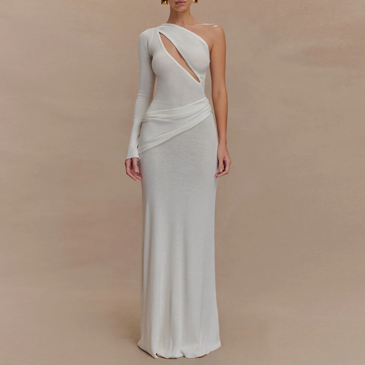 Sukienka maxi z dzianiny z jednym ramieniem i wycięciem, damska, modna, dopasowana, z długim rękawem, typu bodycon, idealna na imprezę, wieczór i do noszenia na co dzień.