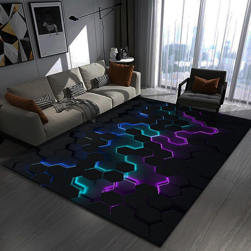 VIKAMA 3D Neon Geometric Carpet Modern Luminous Hexagonal Carpet Anti slip Washable Indoor Mat Home Decoration