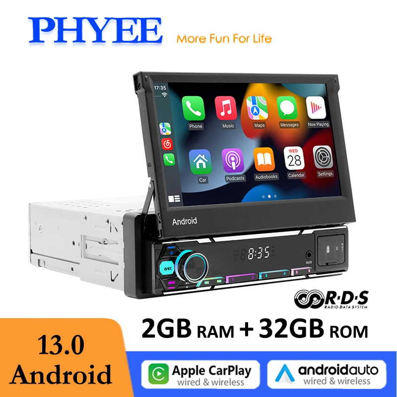 

PHYEE 1 DIN 7" Touch Screen Car Radio Andorid GPS Navigation, Wireless Carplay, Android-Auto, Bluetooth, Wifi, FM RDS, Head Unit