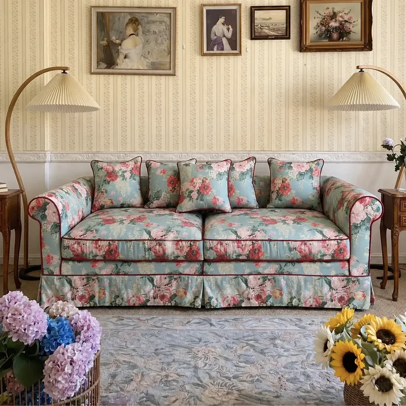 Rural Floral Fabric 3 Seater Sofa American Pastoral Retro Straight Row Skirted Large Couch for Living Room Bedroom Furniture