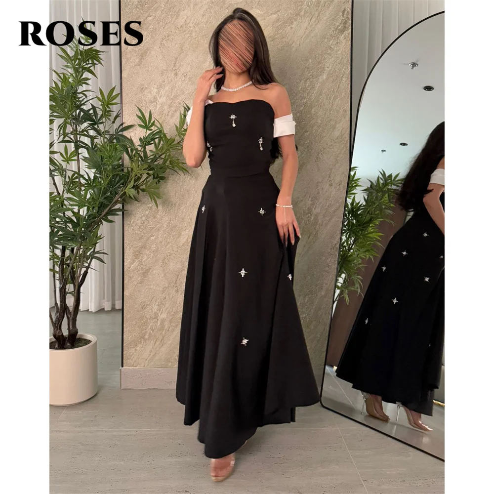

ROSES Black Sequin Stain Saudi Arabia Evening Gown Elegant Prom Dress Beaded Off the Shoulder Wedding Evening Dress Customized