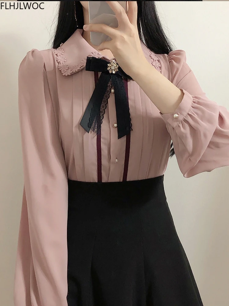 2024 Spring Women\'s Cute Tops Preppy Style Vintage Japaneses Korea Design Button Elegant Formal Shirts Blouses Pink White 12020