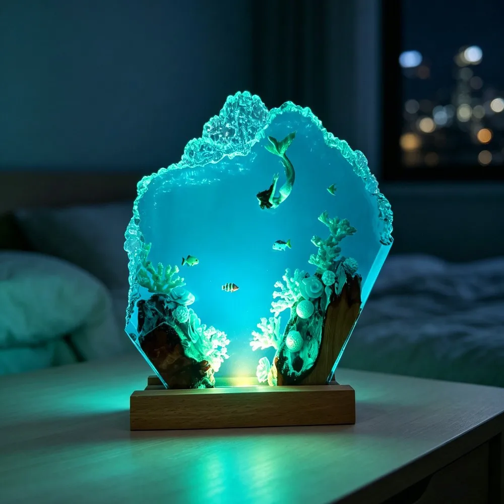 Underwater World Mermaid Epoxy Sculpture Ornament Solid Wood Resin Luminous Home Decoration Unique Holiday Gift