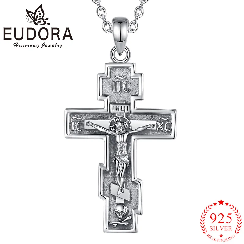 Eudora 925 Sterling Silver Orthodox Cross Necklace Jesus Amulet Skull Pendant Christian Vintage Jewelry Men Women Fine Gift