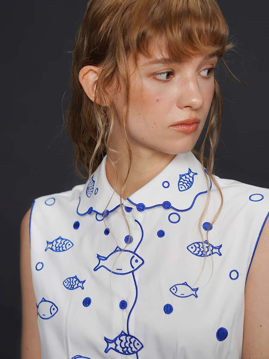 Sommer-Hemd mit Fischgräten-Stickerei für Damen, elegantes Oberteil für Damen