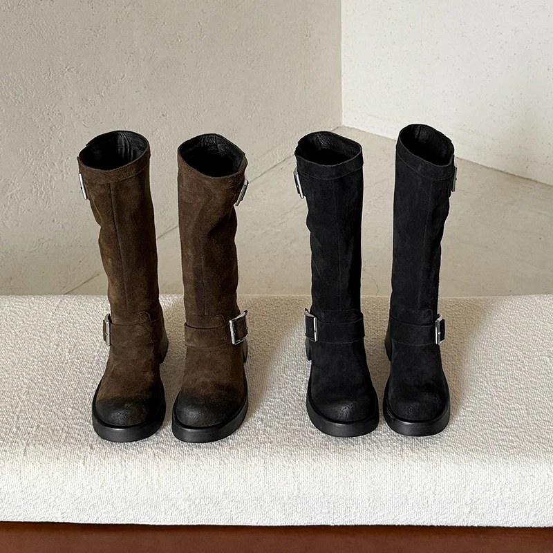 ESVEVA 2027 Fashion Cow Suede Women Knee High Boots Autumn News High Heels Shoes Winter Pleated Dress Western Long Boots 34-39
