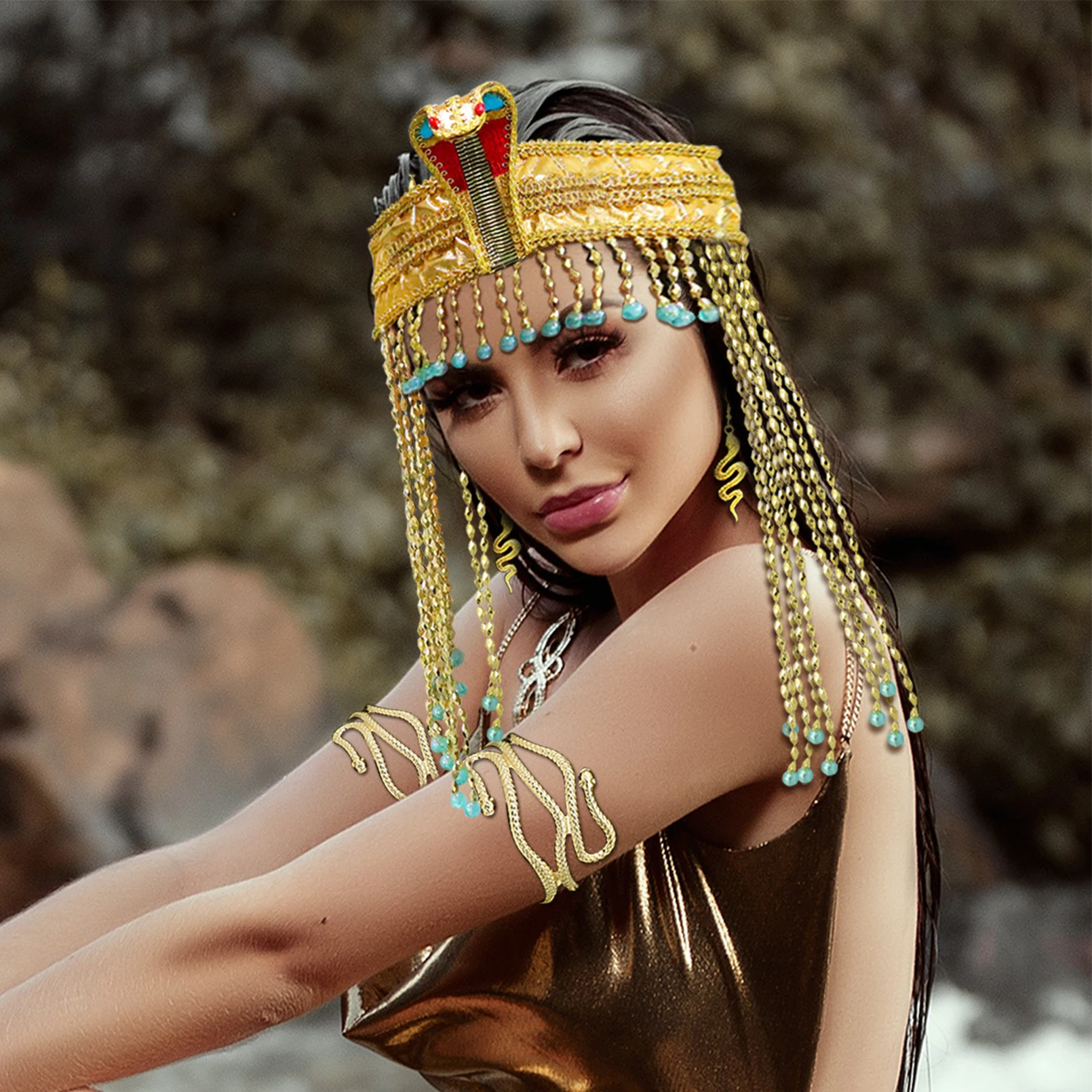 Women Snake Earring Bracelet Jewelry Halloween Cosplay Queen of Egypt Cobra Headwear Gold Beaded Pharaoh Sequin Hair Accessories