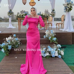 XPAY Elegant Fuschia Satin Mermaid Muslim Arabic Women Evening Dresses Long Sleeves Sparkly Crystal Formal Occasion Prom Gowns