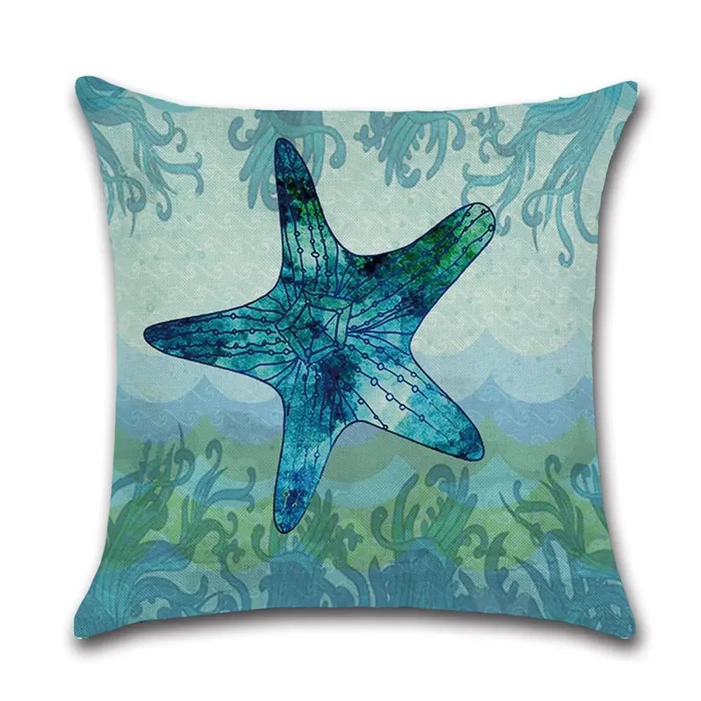 Blue jellyfish seahorse sea turtle sea star linen pillowcase sofa cushion cover home decoration can be customized for you 40x40