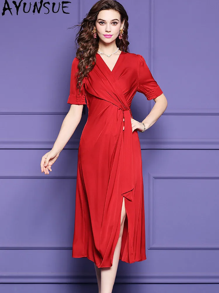 AYUNSUE 95% Natural Mulberry Silk Red Dress Elegant Dresses for Women Spring Summer Woman Clothes Long Dress Платье Женское