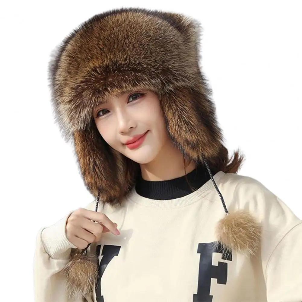 

Winter Hat for Kids Adults Racoon Shape Outdoor Cap Faux Fur Thermal Isolation Windproof Unisex Furry Ball Decor Headwear