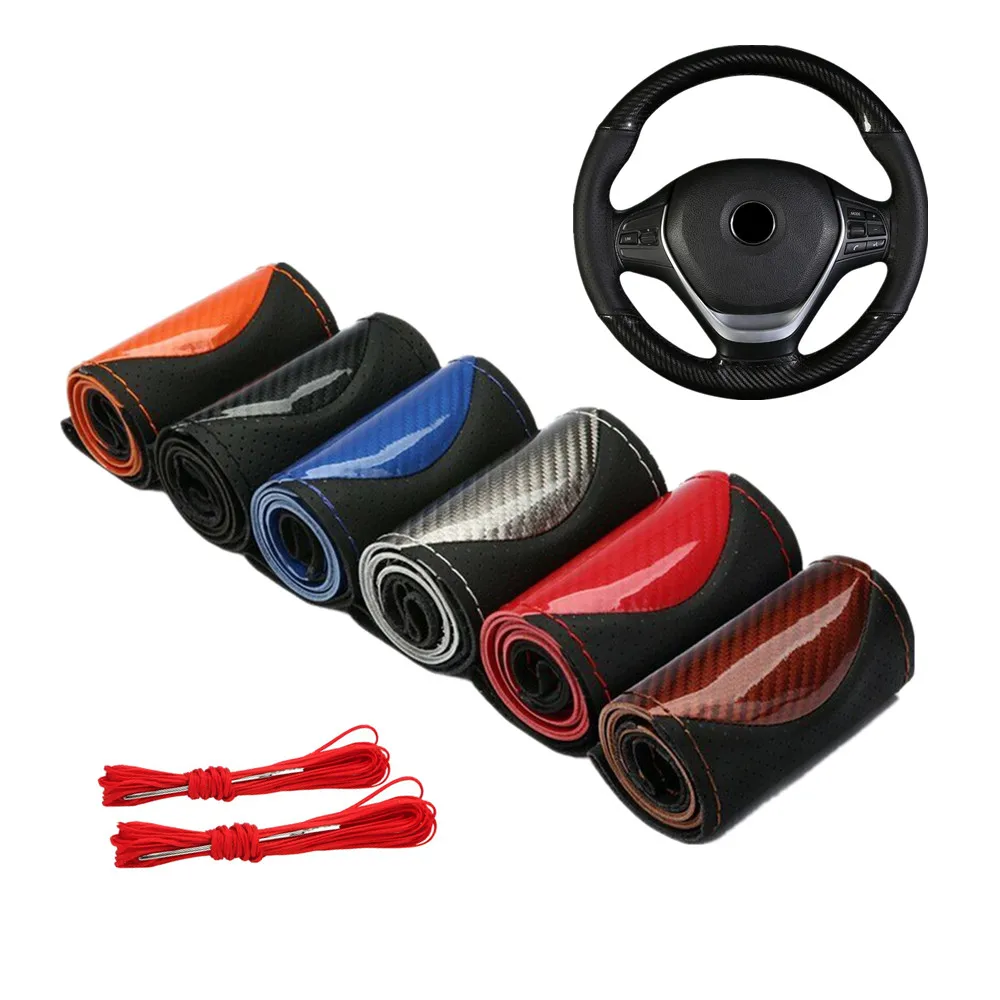 

38CM Universal Genuine Leather Car Steering Wheel Cover Carbon Fiber Sewing Steering Wheel Cover DIY Braid Anti-slip Protector