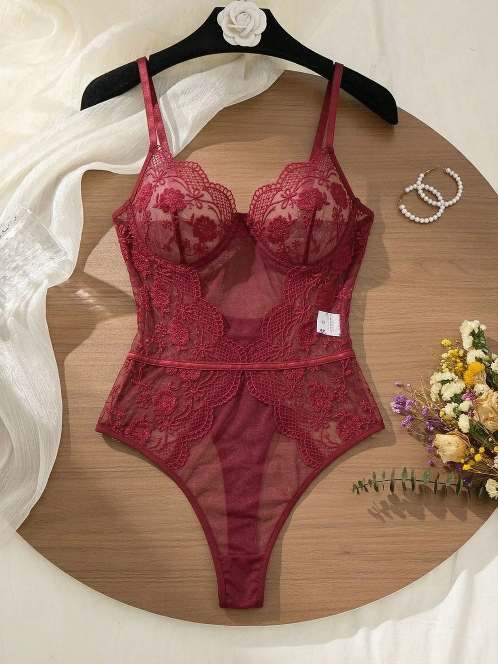Black Lace Bodysuit with Floral Embroidery Sexy High-Waist Triangle Panties Strap Design Shapely Cutout to Highlight Women's Cur image 5